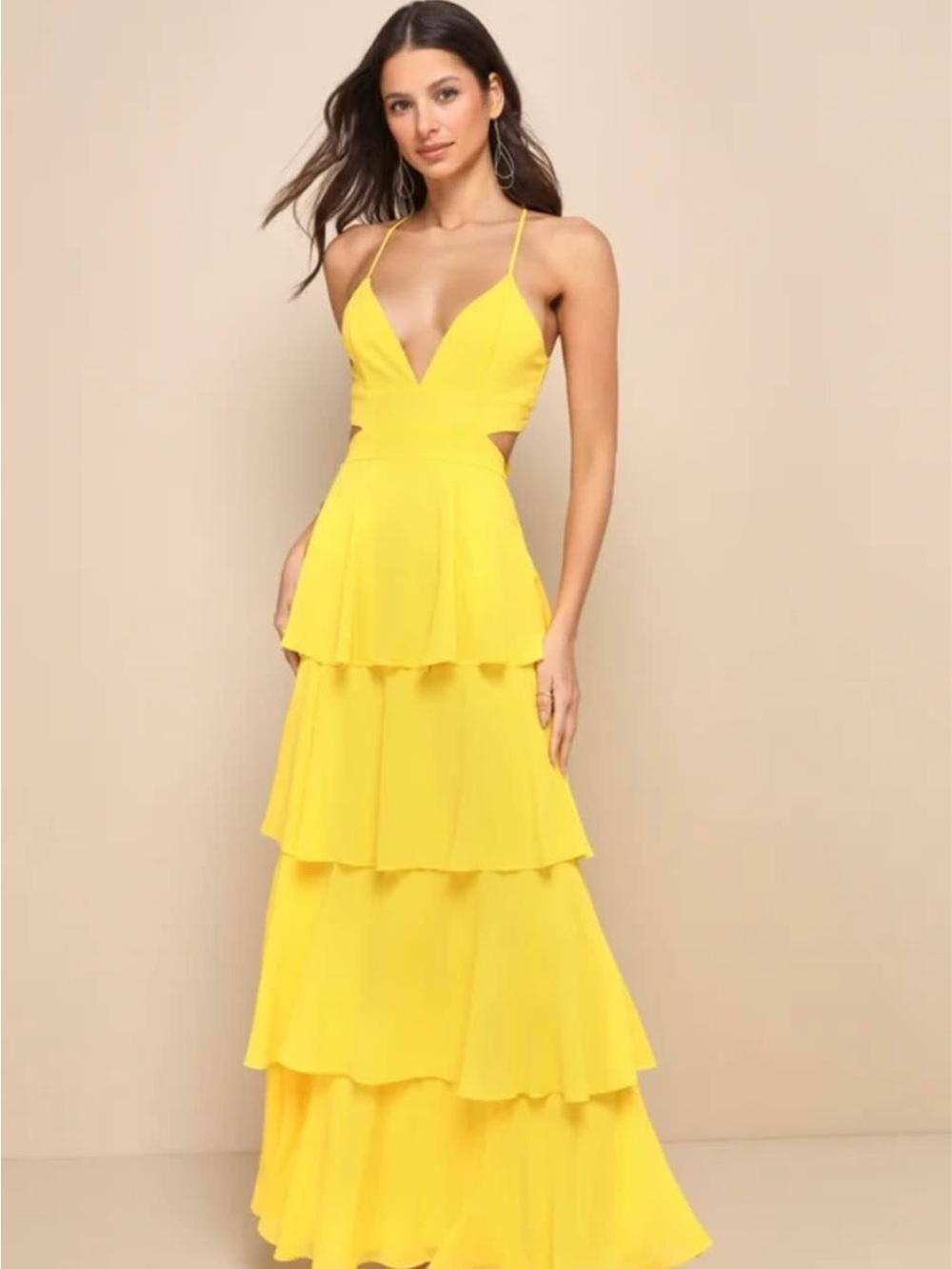 Lulu's Bright Yellow Tiered Maxi Dress with Spaghetti Straps